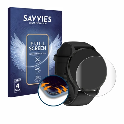 Parte frontal de un envase de producto con el logotipo de la marca Savvies. Al lado se muestra el dispositivo Garmin Venu 3S c