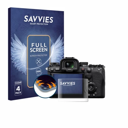 Parte frontal de un envase de producto con el logotipo de la marca Savvies. Al lado se muestra el dispositivo Sony Alpha 9 III