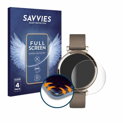 Parte frontal de un envase de producto con el logotipo de la marca Savvies. Al lado se muestra el dispositivo Garmin Lily 2 co