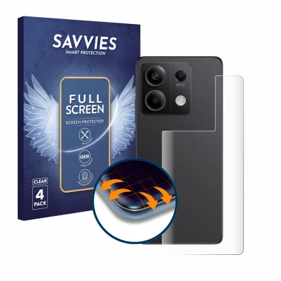 Parte frontal de un envase de producto con el logotipo de la marca Savvies. Al lado se muestra el dispositivo Xiaomi Redmi Not