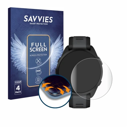 Parte frontal de un envase de producto con el logotipo de la marca Savvies. Al lado se muestra el dispositivo Garmin Forerunne