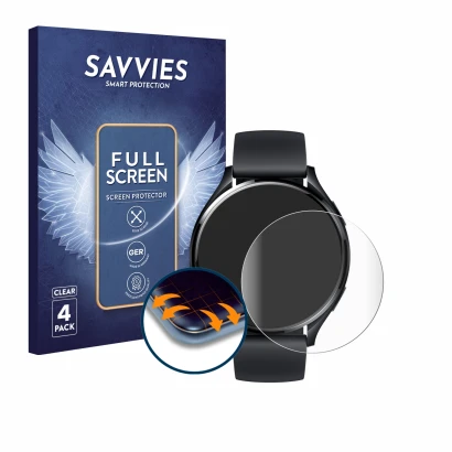 Parte frontal de un envase de producto con el logotipo de la marca Savvies. Al lado se muestra el dispositivo Xiaomi Watch 2 c