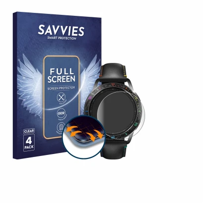 Parte frontal de un envase de producto con el logotipo de la marca Savvies. Al lado se muestra el dispositivo Xiaomi Watch S3 