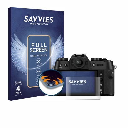 Parte frontal de un envase de producto con el logotipo de la marca Savvies. Al lado se muestra el dispositivo Fujifilm X-T50 c