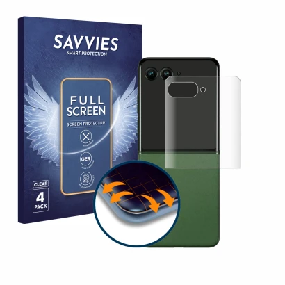 Parte frontal de un envase de producto con el logotipo de la marca Savvies. Al lado se muestra el dispositivo Motorola Razr 50