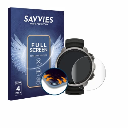 Parte frontal de un envase de producto con el logotipo de la marca Savvies. Al lado se muestra el dispositivo Suunto Ocean con