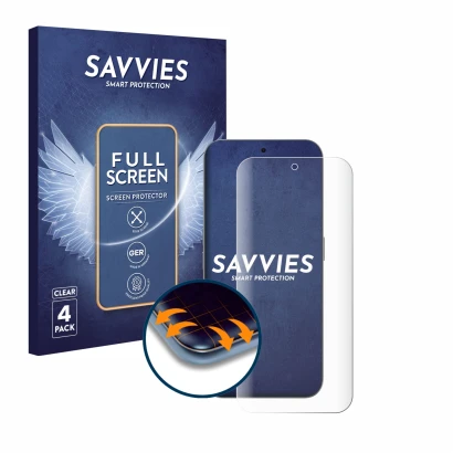 Parte frontal de un envase de producto con el logotipo de la marca Savvies. Al lado se muestra el dispositivo Nothing Phone (2