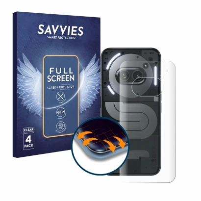 Parte frontal de un envase de producto con el logotipo de la marca Savvies. Al lado se muestra el dispositivo Nothing Phone (2
