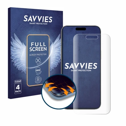 Parte frontal de un envase de producto con el logotipo de la marca Savvies. Al lado se muestra el dispositivo Apple iPhone 16 