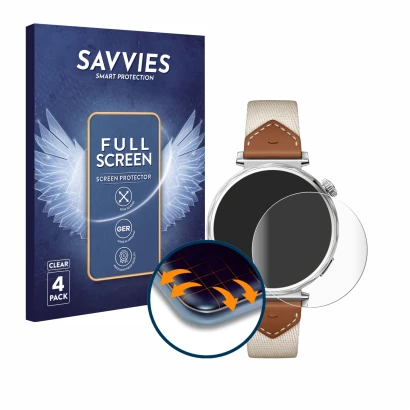Parte frontal de un envase de producto con el logotipo de la marca Savvies. Al lado se muestra el dispositivo Huawei Watch GT 