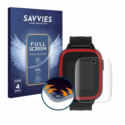 Parte frontal de un envase de producto con el logotipo de la marca Savvies. Al lado se muestra el dispositivo Xplora Let's Go 