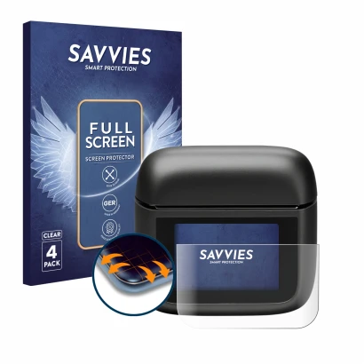 Parte frontal de un envase de producto con el logotipo de la marca Savvies. Al lado se muestra el dispositivo JBL Tour Pro 3 c