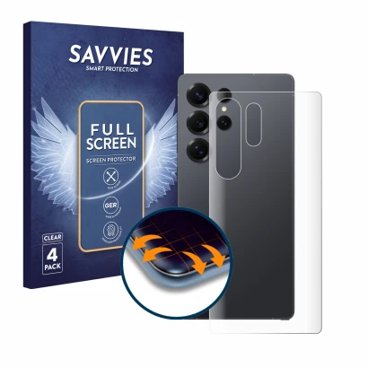 Parte frontal de un envase de producto con el logotipo de la marca Savvies. Al lado se muestra el dispositivo Samsung Galaxy S