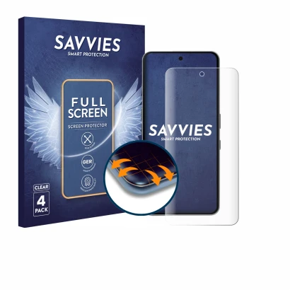Parte frontal de un envase de producto con el logotipo de la marca Savvies. Al lado se muestra el dispositivo Nothing Phone (3