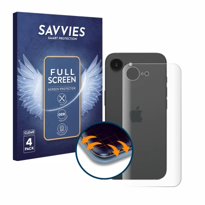 Parte frontal de un envase de producto con el logotipo de la marca Savvies. Al lado se muestra el dispositivo Apple iPhone 16e