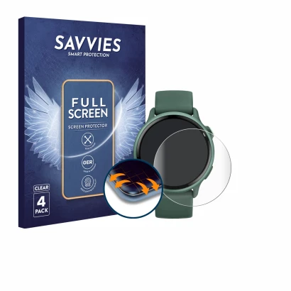 Parte frontal de un envase de producto con el logotipo de la marca Savvies. Al lado se muestra el dispositivo Garmin vivoactiv