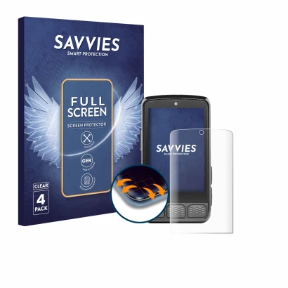 Parte frontal de un envase de producto con el logotipo de la marca Savvies. Al lado se muestra el dispositivo Wahoo Elemnt Roa