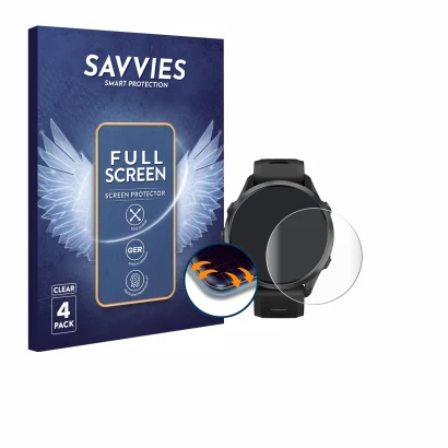 Parte frontal de un envase de producto con el logotipo de la marca Savvies. Al lado se muestra el dispositivo Garmin Forerunne