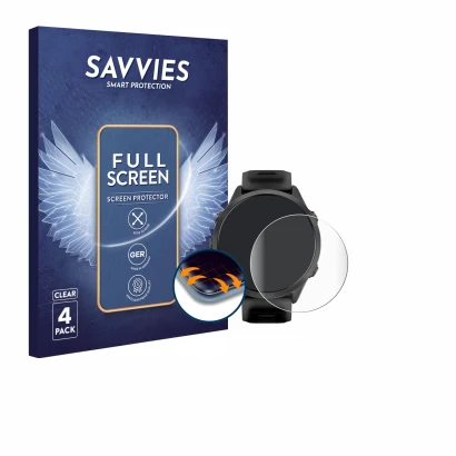 Parte frontal de un envase de producto con el logotipo de la marca Savvies. Al lado se muestra el dispositivo Garmin Forerunne