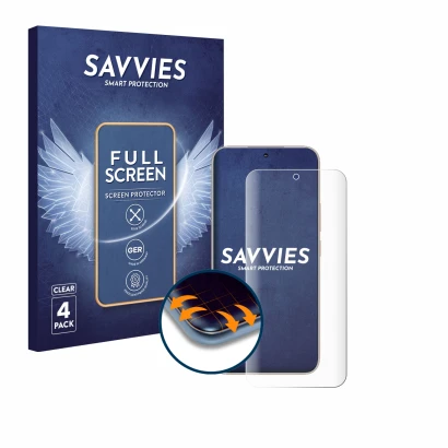Parte frontal de un envase de producto con el logotipo de la marca Savvies. Al lado se muestra el dispositivo Honor 400 con su