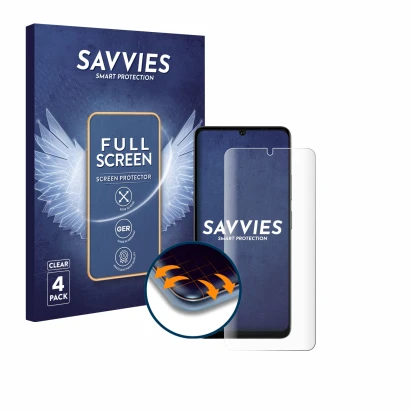 Parte frontal de un envase de producto con el logotipo de la marca Savvies. Al lado se muestra el dispositivo Doogee Note 59 P