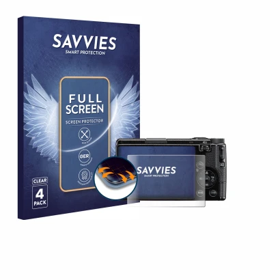 Parte frontal de un envase de producto con el logotipo de la marca Savvies. Al lado se muestra el dispositivo Ricoh GR IV 2025