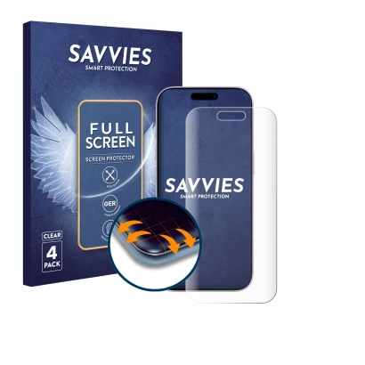 Parte frontal de un envase de producto con el logotipo de la marca Savvies. Al lado se muestra el dispositivo Apple iPhone 17 