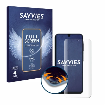 Parte frontal de un envase de producto con el logotipo de la marca Savvies. Al lado se muestra el dispositivo Samsung Galaxy A