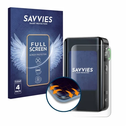 Parte frontal de un envase de producto con el logotipo de la marca Savvies. Al lado se muestra el dispositivo Lost Vape Centau
