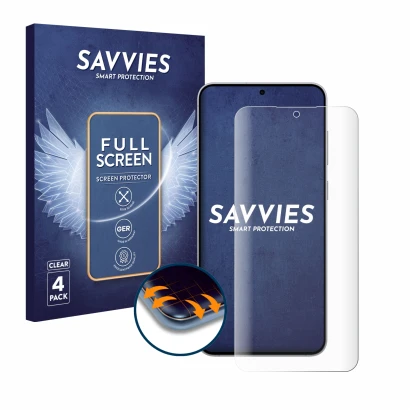 Parte frontal de un envase de producto con el logotipo de la marca Savvies. Al lado se muestra el dispositivo Samsung Galaxy S