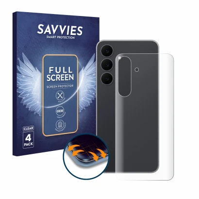 Parte frontal de un envase de producto con el logotipo de la marca Savvies. Al lado se muestra el dispositivo Samsung Galaxy S