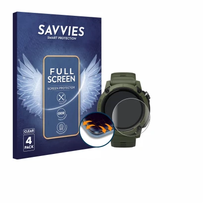 Parte frontal de un envase de producto con el logotipo de la marca Savvies. Al lado se muestra el dispositivo Coros NOMAD con 