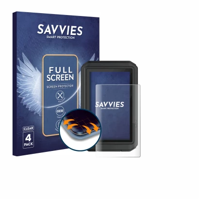 Parte frontal de un envase de producto con el logotipo de la marca Savvies. Al lado se muestra el dispositivo Garmin eTrex Tou