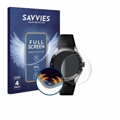 Parte frontal de un envase de producto con el logotipo de la marca Savvies. Al lado se muestra el dispositivo TAG Heuer Connec