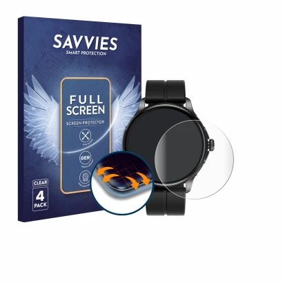 Parte frontal de un envase de producto con el logotipo de la marca Savvies. Al lado se muestra el dispositivo HMD Watch X1 con