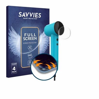 Parte frontal de un envase de producto con el logotipo de la marca Savvies. Al lado se muestra el dispositivo Cecotec DryNova 