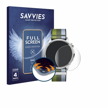 Parte frontal de un envase de producto con el logotipo de la marca Savvies. Al lado se muestra el dispositivo Oppo Watch S con