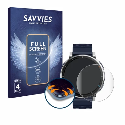 Parte frontal de un envase de producto con el logotipo de la marca Savvies. Al lado se muestra el dispositivo Amazfit Active 3