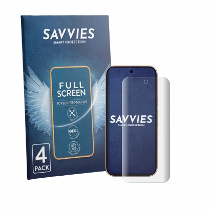 Parte frontal de un envase de producto con el logotipo de la marca Savvies. Al lado se muestra el dispositivo Google Pixel 11 