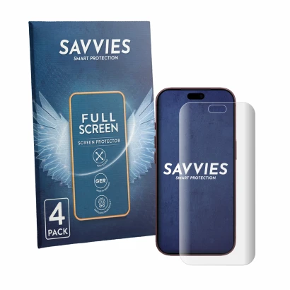 Parte frontal de un envase de producto con el logotipo de la marca Savvies. Al lado se muestra el dispositivo Apple iPhone 18 