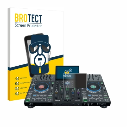 Parte frontal de un envase de producto con el logotipo de la marca BROTECT. Al lado se muestra el dispositivo Denon DJ Prime 4