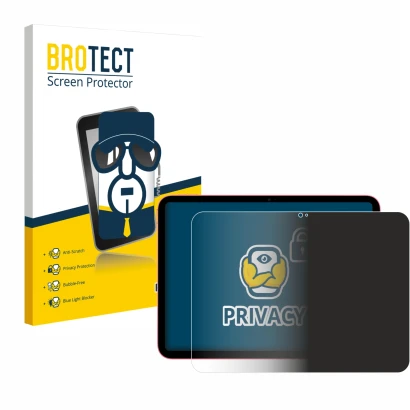 Parte frontal de un envase de producto con el logotipo de la marca BROTECT. Al lado se muestra el dispositivo Apple iPad 10.9"