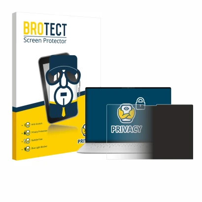 Parte frontal de un envase de producto con el logotipo de la marca BROTECT. Al lado se muestra el dispositivo Dell XPS 13 9350