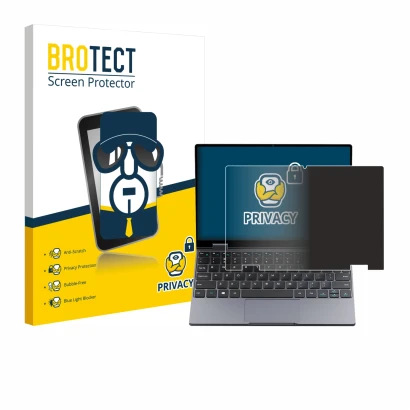 Parte frontal de un envase de producto con el logotipo de la marca BROTECT. Al lado se muestra el dispositivo Chuwi MiniBook X