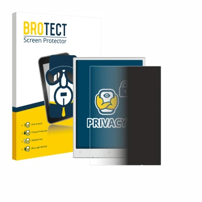 Parte frontal de un envase de producto con el logotipo de la marca BROTECT. Al lado se muestra el dispositivo Viwoods AiPaper 