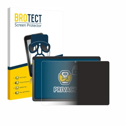 Parte frontal de un envase de producto con el logotipo de la marca BROTECT. Al lado se muestra el dispositivo Chuwi AuPad con 