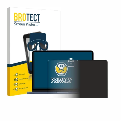 Parte frontal de un envase de producto con el logotipo de la marca BROTECT. Al lado se muestra el dispositivo Apple MacBook Ne