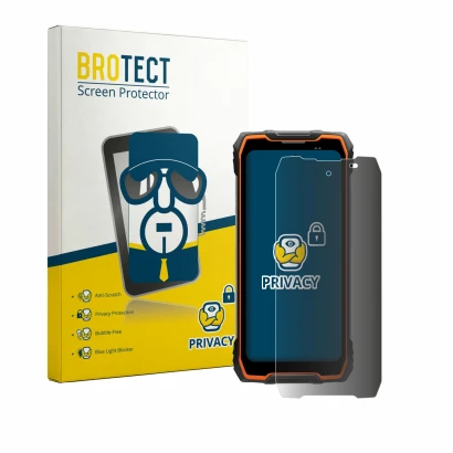 Parte frontal de un envase de producto con el logotipo de la marca BROTECT. Al lado se muestra el dispositivo Blackview Rock 2