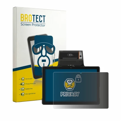 Parte frontal de un envase de producto con el logotipo de la marca BROTECT. Al lado se muestra el dispositivo Sunmi P3 Mix 58m