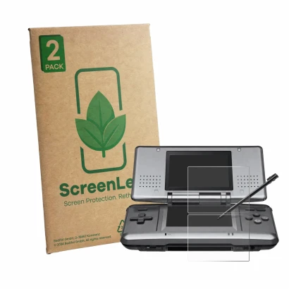 Parte frontal de un envase de producto con el logotipo de la marca ScreenLeaf. Al lado se muestra el dispositivo Nintendo DS c